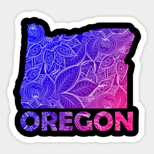 Colorful mandala art map of Oregon with text in blue and violet Sticker